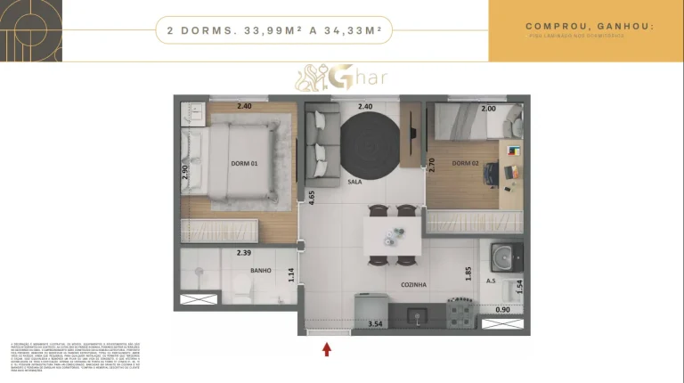 Planta de apartamento 2 dormitórios de 33 a 34 m² no Dez Limão