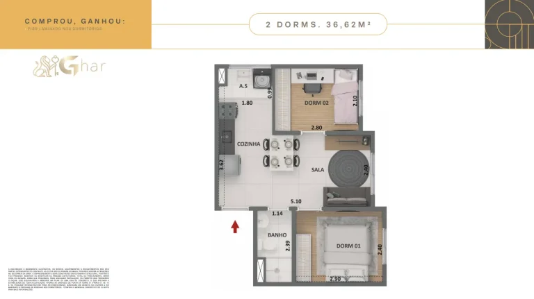 Planta de apartamento 2 dormitórios de 36,62 m² no Dez Limão