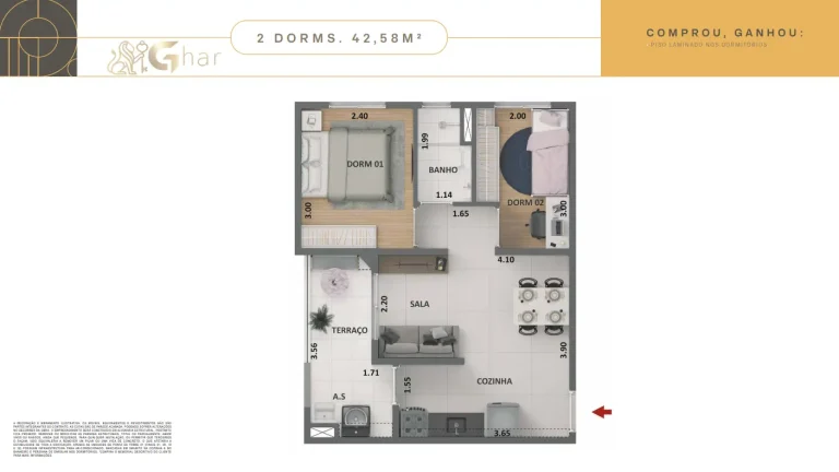 Planta de apartamento 2 dormitórios de 42,58 m² no Dez Limão