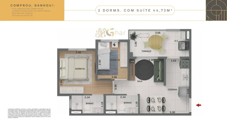 Planta de apartamento 2 dormitórios com suíte de 44,73 m² no Dez Limão