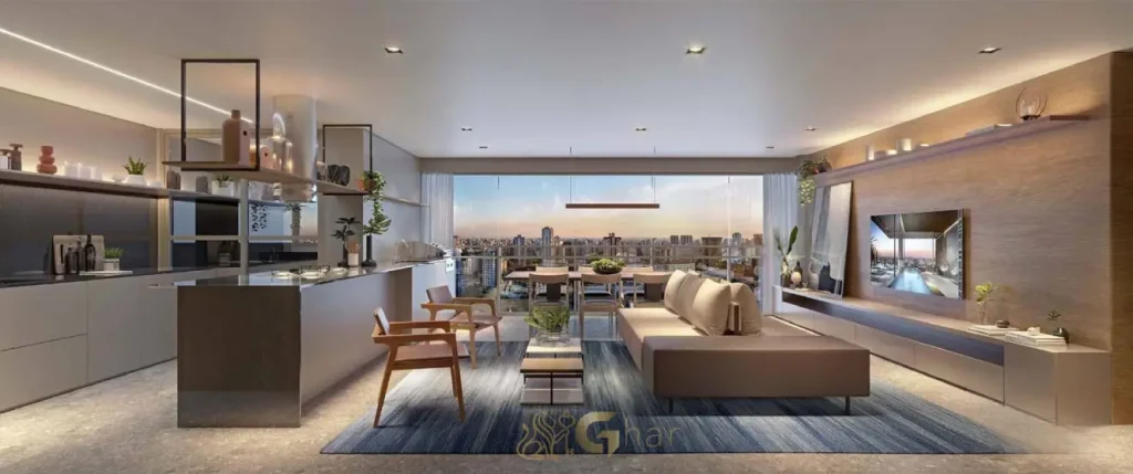 Sala integrada do apartamento decorado de 97 m² no Evolve Vila Mariana