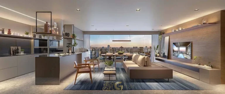 Sala integrada do apartamento decorado de 97 m² no Evolve Vila Mariana