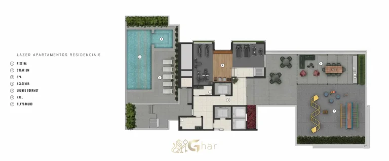 Planta de implantação do lazer no 6º pavimento do Evolve Vila Mariana