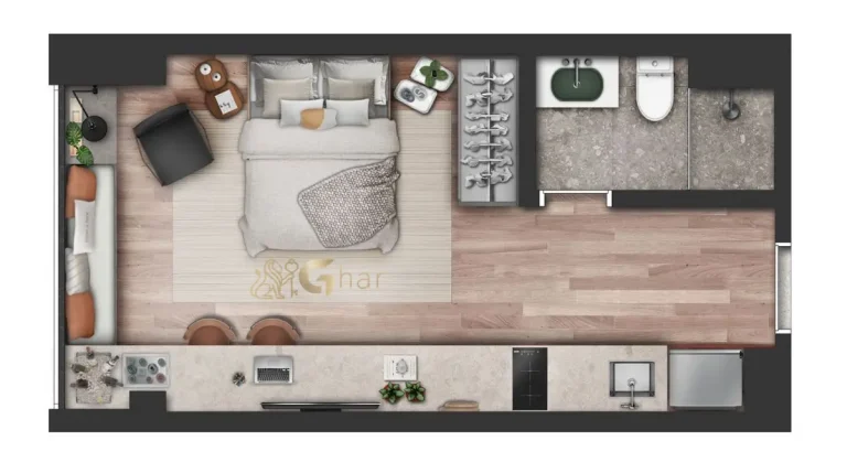 Planta do studio de 27 m² do Evolve Vila Mariana Studios