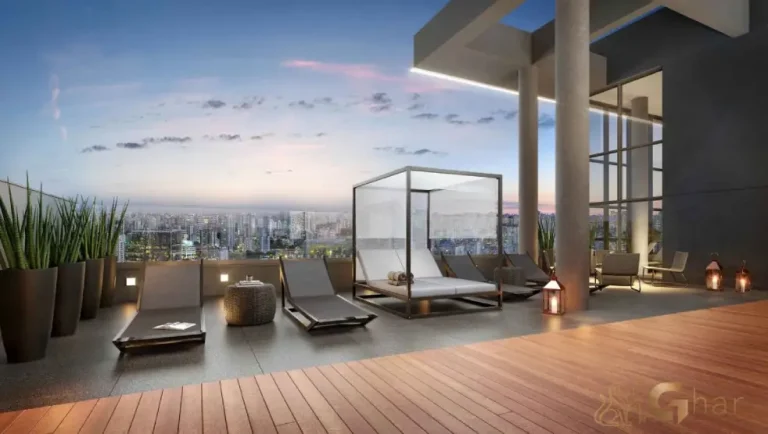 Deck da piscina com sky view no Flow by Gafisa na Consolação