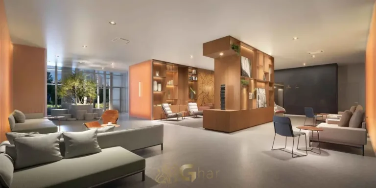 Detalhe do lobby lounge do condomínio Flow by Gafisa na Consolação