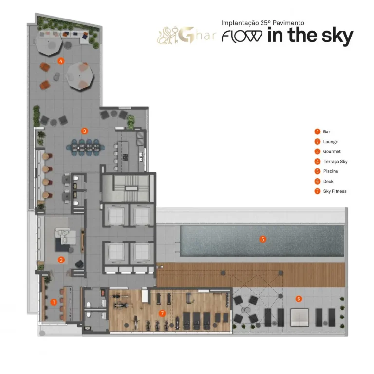 Planta de implantação da cobertura no 25º pavimento do Flow by Gafisa