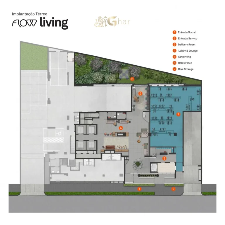 Planta de implantação do térreo do condomínio Flow by Gafisa na Consolação