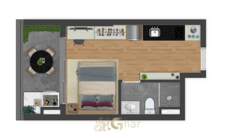 Planta alternativa do studio de 24 m² no Flow by Gafisa