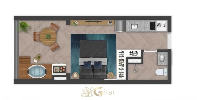 Planta do studio garden giardino de 28 m² no Flow by Gafisa