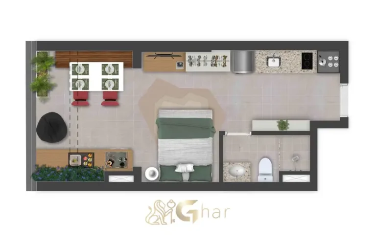 Planta detalhada do studio garden giardino de 28 m² no Flow by Gafisa