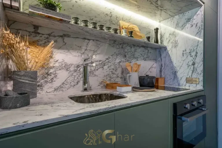 Detalhe da cozinha do studio decorado de 24 m² no Flow by Gafisa