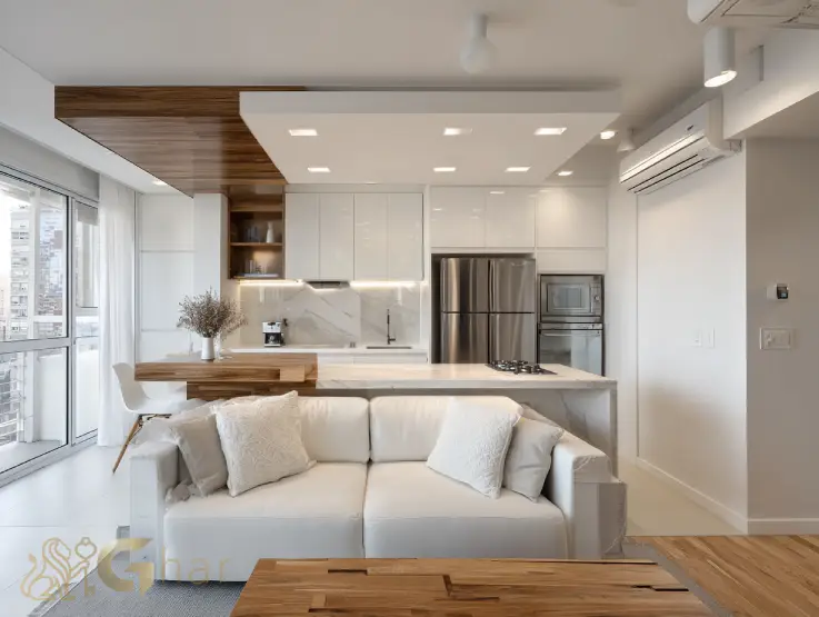 Sala living integrada à cozinha no apartamento decorado do Galleria Santa Marina