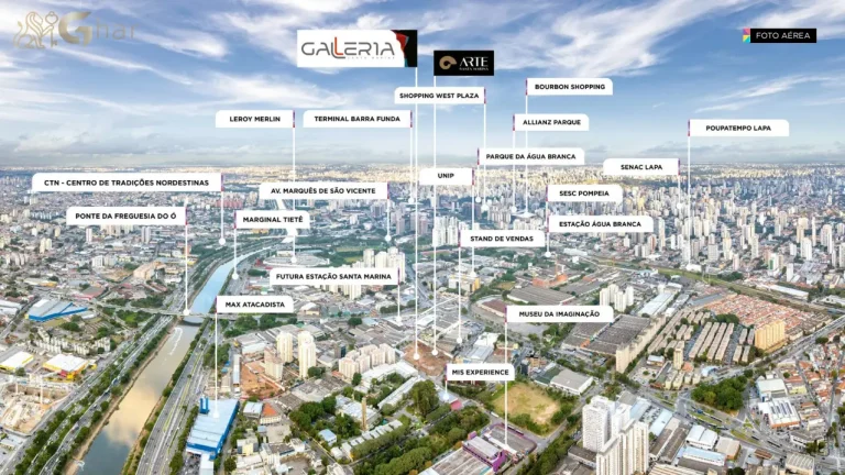 Vista aérea do Galleria Santa Marina e do bairro Água Branca em São Paulo