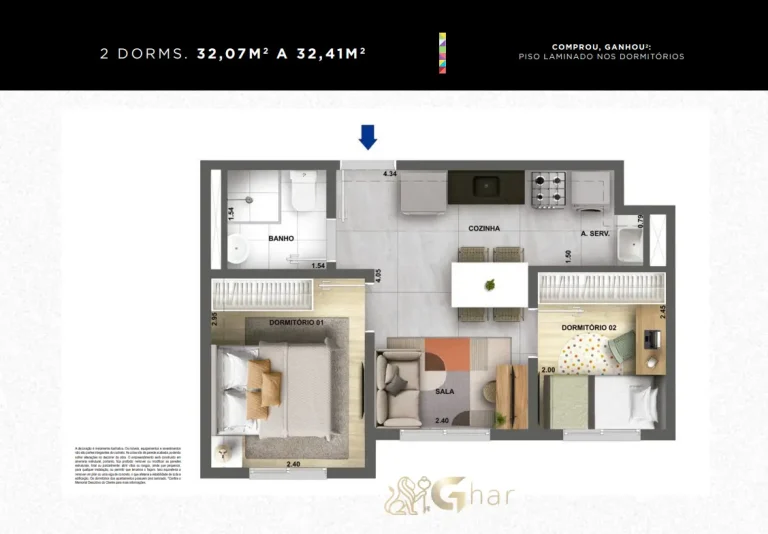 Planta de apartamento 2 dormitórios 32 m² no Galleria Santa Marina na Água Branca