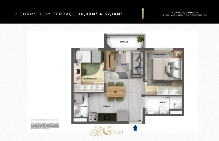Planta de apartamento 2 dormitórios com terraço 37 m² no Galleria Santa Marina