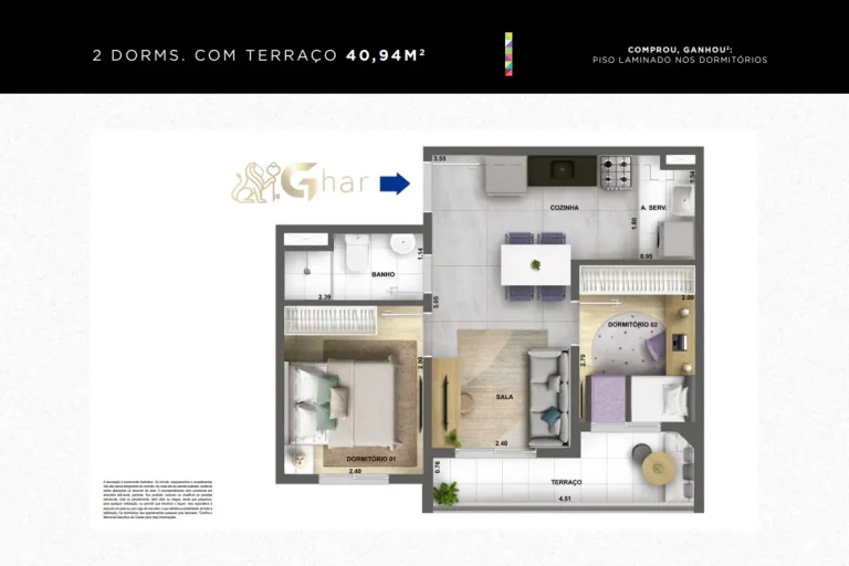Planta de apartamento 2 dormitórios com terraço 40 m² no Galleria Santa Marina