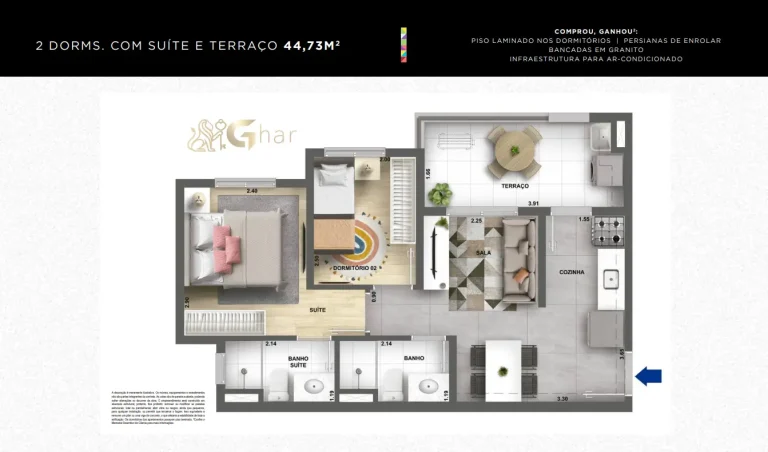 Planta de apartamento 2 dormitórios com terraço 44 m² no Galleria Santa Marina