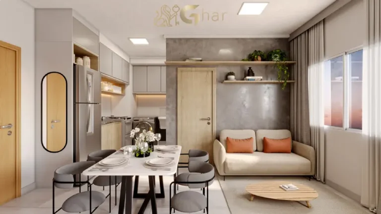 Sala de estar, jantar e cozinha integradas do apartamento decorado Gran Arena Itaquera