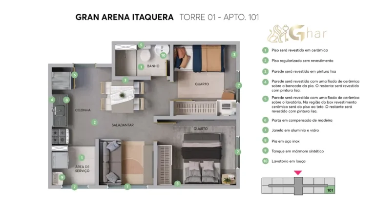 Planta do apartamento 2 dormitórios do Gran Arena Itaquera torre 1 unidade 101