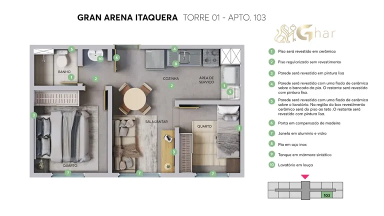 Planta do apartamento 2 dormitórios do Gran Arena Itaquera torre 1