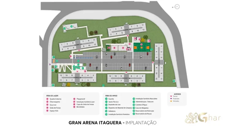 Planta de implantação do térreo com lazer do Gran Arena Itaquera