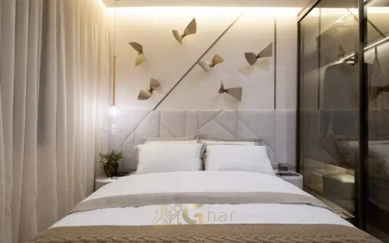 Quarto de casal do apartamento decorado do Guedala Park Premium no Jardim Guedala