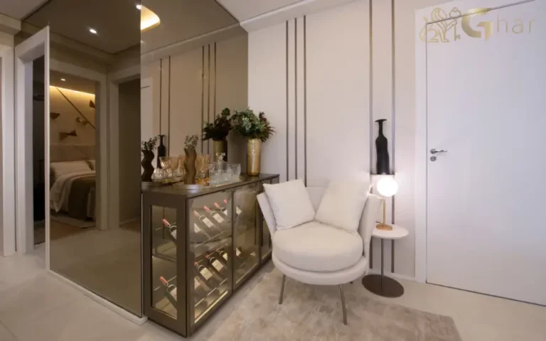 Sala integrada do apartamento decorado do Guedala Park Premium no Jardim Guedala