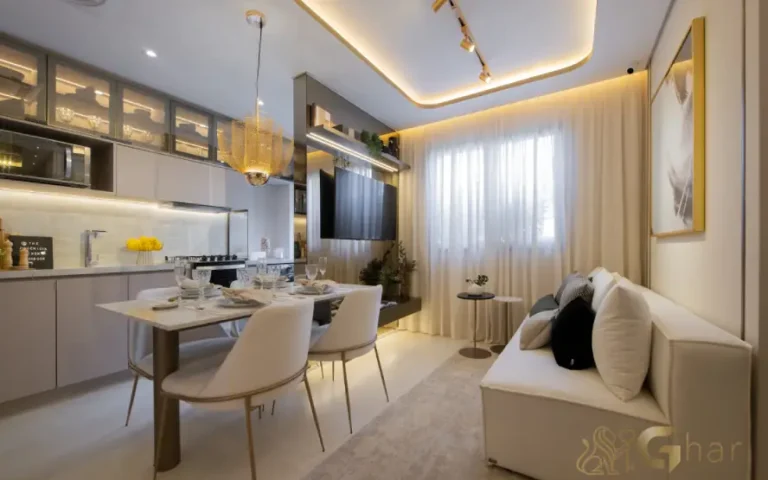 Sala com cozinha aberta do apartamento decorado do Guedala Park Premium no Jardim Guedala