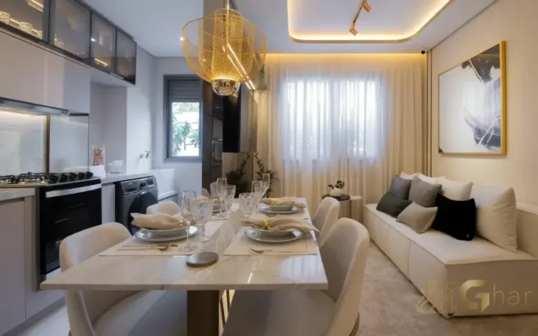 Sala de jantar do apartamento decorado do Guedala Park Premium no Jardim Guedala