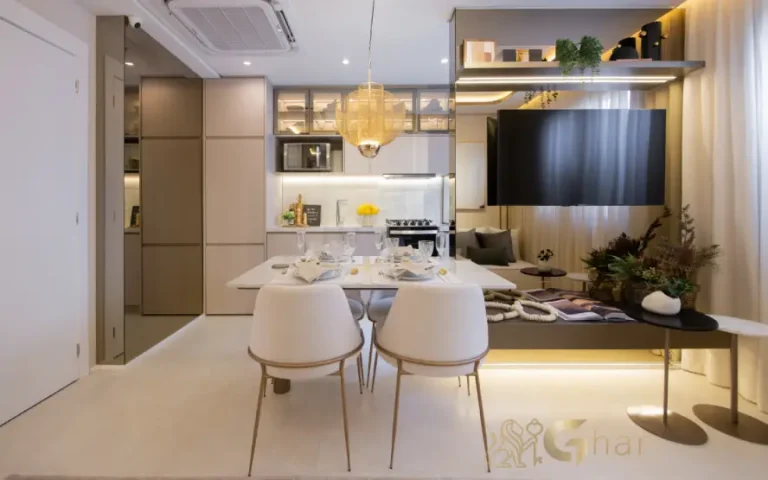 Sala de jantar integrada do apartamento decorado do Guedala Park Premium no Jardim Guedala