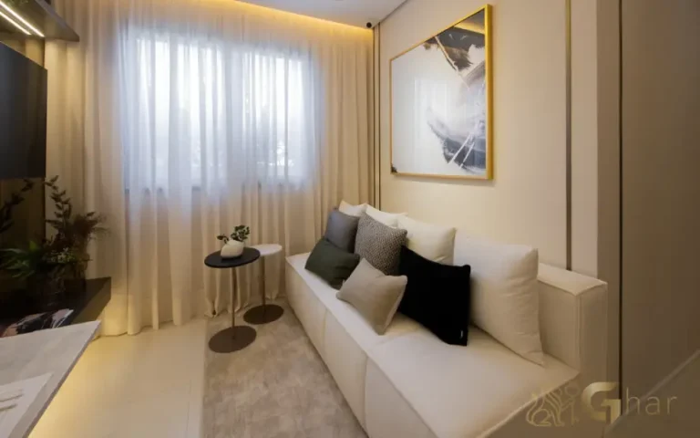 Sala living do apartamento decorado do Guedala Park Premium no Jardim Guedala