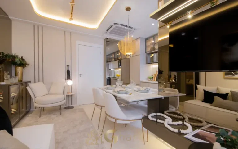 Sala de TV do apartamento decorado do Guedala Park Premium no Jardim Guedala