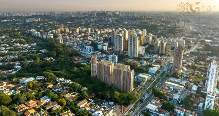 Fachada do Guedala Park Premium vista por drone no Jardim Guedala SP
