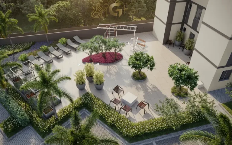 Vista aérea das áreas de lazer do condomínio Guedala Park Premium no Jardim Guedala