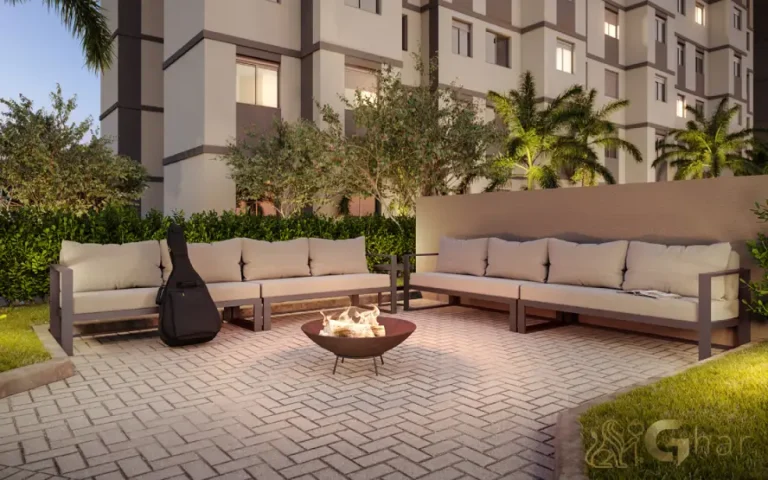 Lounge com lareira do Guedala Park Premium em condomínio no Jardim Guedala