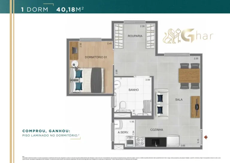Planta de apartamento 1 dormitório 40,18 m² do Guedala Park Premium