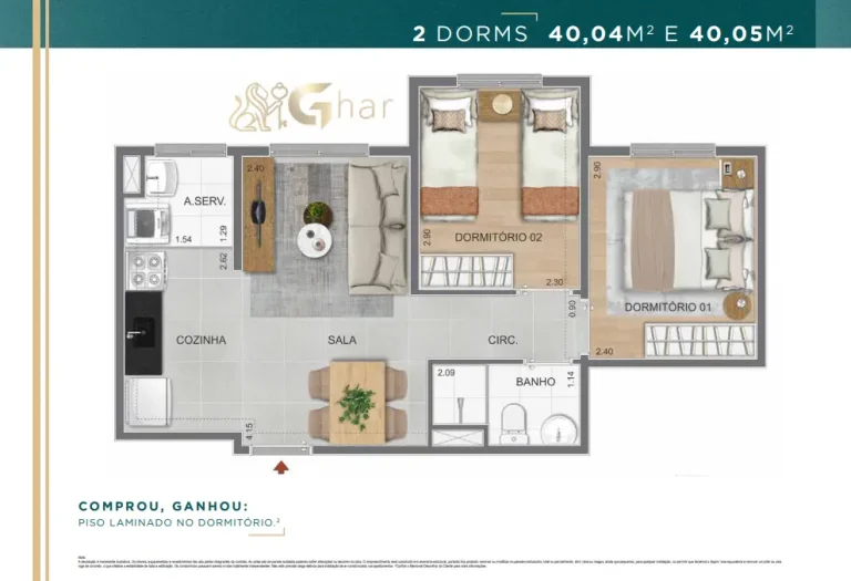 Planta de apartamento 2 dormitórios com 40,04 e 40,05 m² no Guedala Park Premium