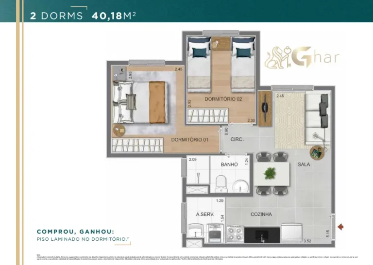 Planta de apartamento 2 dormitórios com 40,18 m² no Guedala Park Premium
