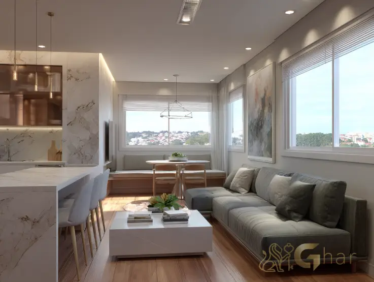 Sala de estar do apartamento decorado no Guido Parque Nações Unidas em Santo Amaro