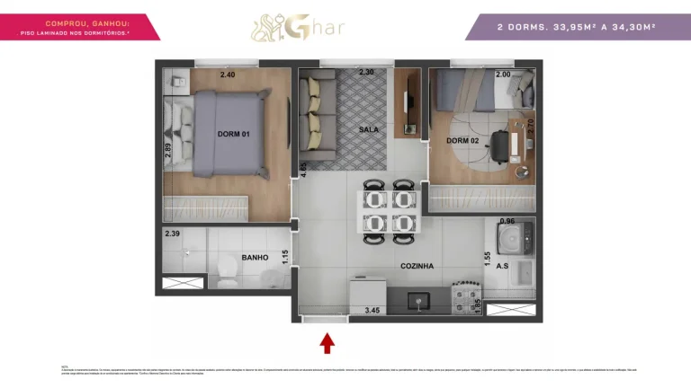 Planta apartamento 2 dormitórios de 33,95 a 34,30 m² no Guido Parque Nações Unidas