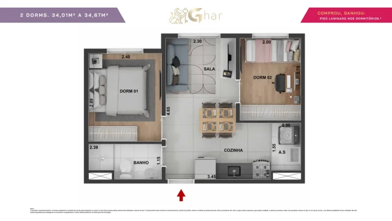 Planta apartamento 2 dormitórios de 34,01 a 34,67 m² no Guido Parque Nações Unidas