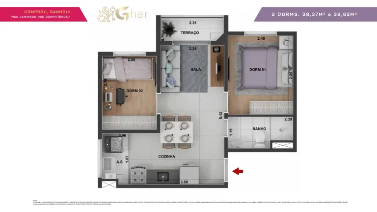 Planta apartamento 2 dormitórios de 38,37 a 38,62 m² no Guido Parque Nações Unidas