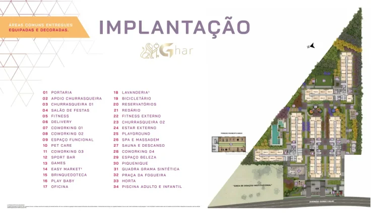 Planta de implantação do térreo do condomínio Guido Parque Nações Unidas em Santo Amaro