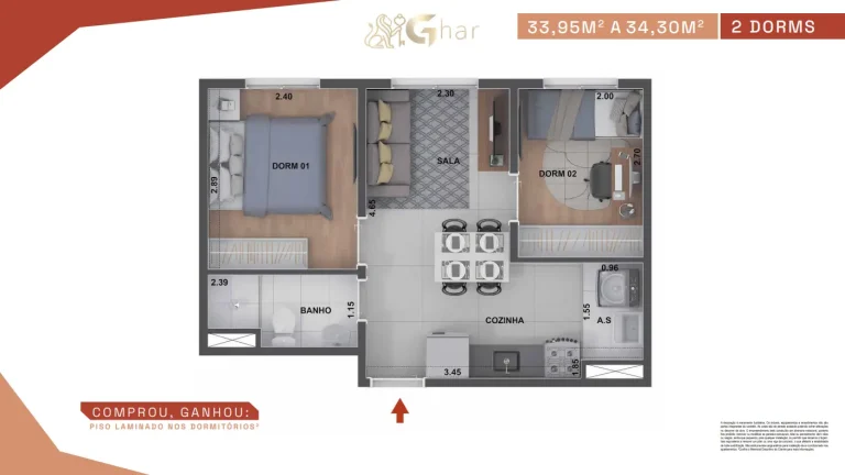 Planta de apartamento 2 dormitórios de 33.95 a 34.30 m² no Guido Parque Santo Amaro