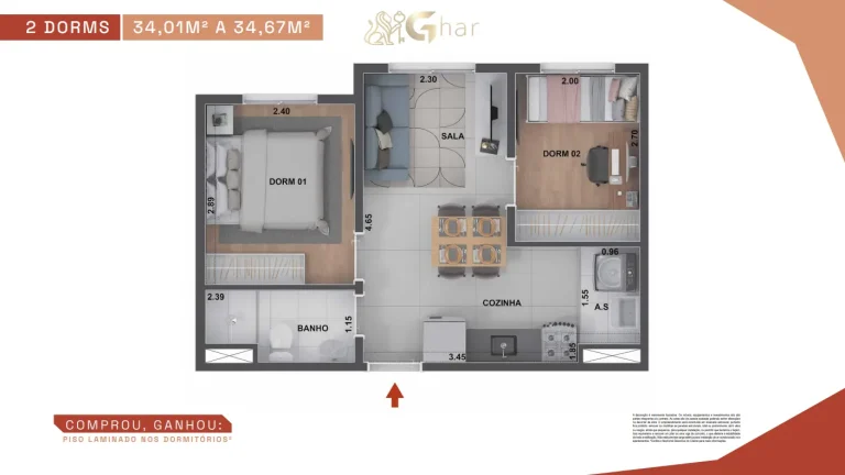Planta de apartamento 2 dormitórios de 34.01 a 34.67 m² no Guido Parque Santo Amaro