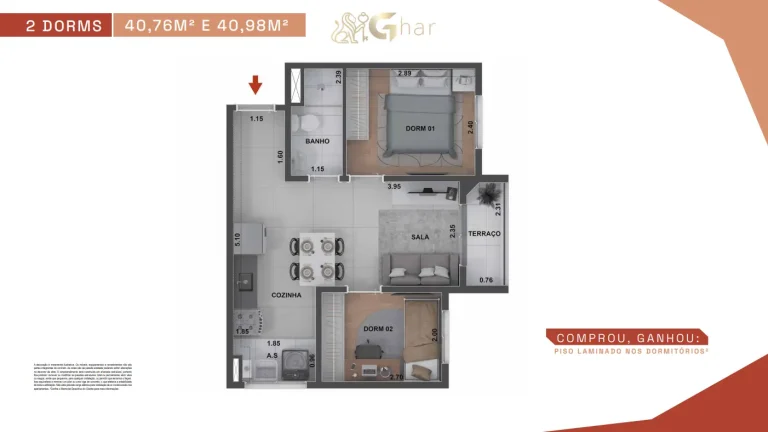 Planta de apartamento 2 dormitórios de 40.76 a 40.98 m² no Guido Parque Santo Amaro
