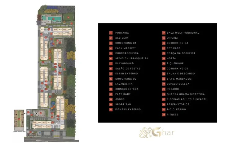 Planta de implantação do térreo com áreas de lazer do Guido Parque Santo Amaro em Santo Amaro SP