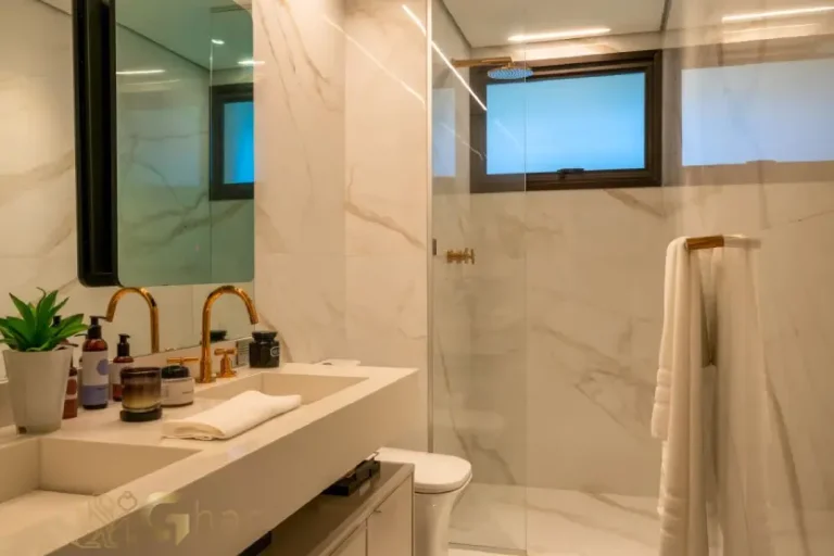 Banheiro do apartamento decorado de 153 m² no Ibirapuera Park Houses