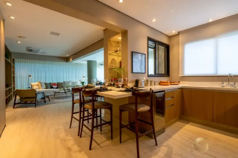 Cozinha e copa do apartamento decorado de 153 m² no Ibirapuera Park Houses
